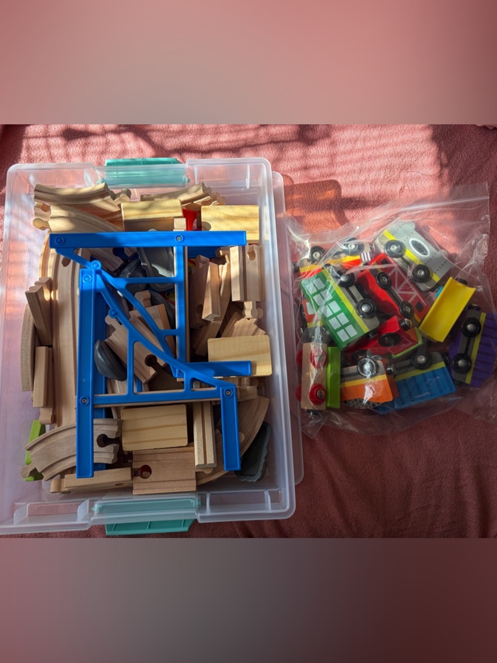 Wooden Train Track Set with Accessories - Blue Connector & Multicolored Cars
